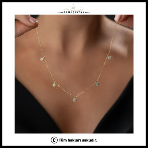 925 Ayar Gümüş Taşlı Yuvarlak Charm Sallantılı Minimal Kadın Kolye