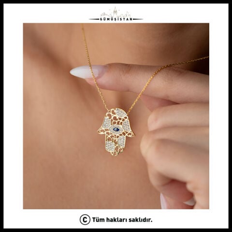 925 Ayar Gümüş Altın Kaplama Fatma Ana Eli (Hamsa) Göz Figürlü Kolye