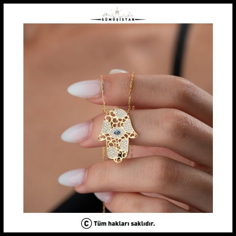 925 Ayar Gümüş Altın Kaplama Fatma Ana Eli (Hamsa) Göz Figürlü Kolye