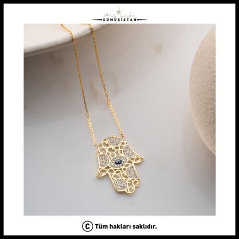 925 Ayar Gümüş Altın Kaplama Fatma Ana Eli (Hamsa) Göz Figürlü Kolye