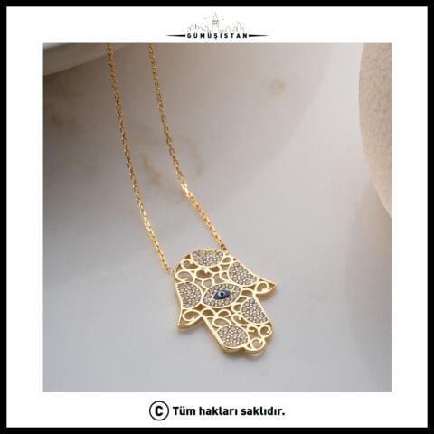 925 Ayar Gümüş Altın Kaplama Fatma Ana Eli (Hamsa) Göz Figürlü Kolye
