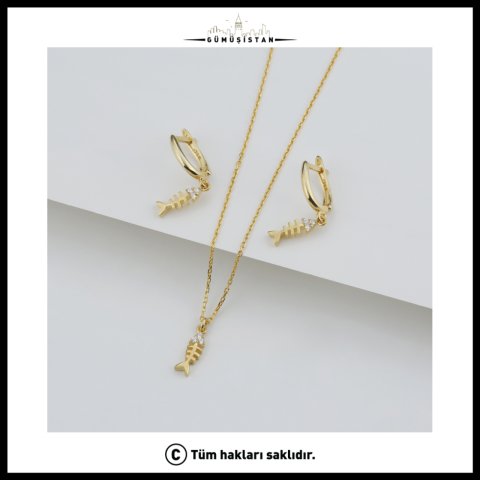 Balık Kılçığı Kolye Küpe Seti – Zirkon Taşlı 925 Ayar Gümüş Takı Seti