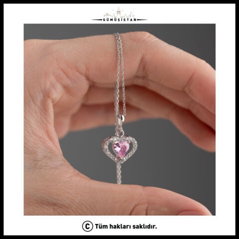 925 Ayar Gümüş Pembe Taşlı Kalp Kolye – Zirkon Taş Detaylı Zarif Kalp Kolye