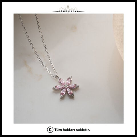 925 Ayar Gümüş Minik Pembe Lotus Kolye – Zarif Pembe Taşlı Lotus Çiçeği Kadın Kolyesi
