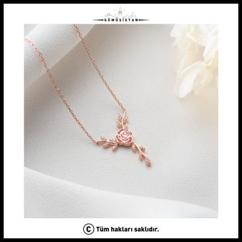 Gül Figürlü Zirkon Taşlı Dal Kolye – 925 Ayar Gümüş Rose Kolye