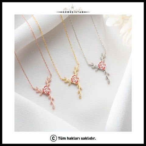 Gül Figürlü Zirkon Taşlı Dal Kolye – 925 Ayar Gümüş Rose Kolye