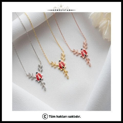 Uğur Böceği ve Zirkon Taşlı Dal Kolye – 925 Ayar Gümüş Kadın Kolye