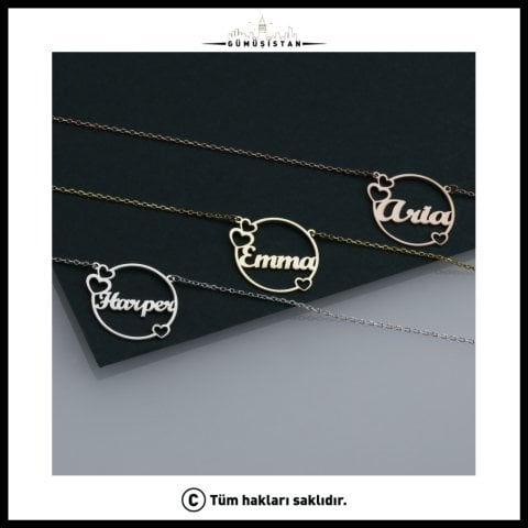 Kişiye Özel Yuvarlak İsim Kolye – Kalp Detaylı Çember Tasarımlı İsimli Kolye