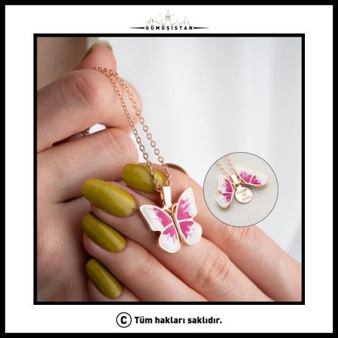 Kişiye Özel İsimli Açılabilen Pembe Renkli Kelebek Kolye