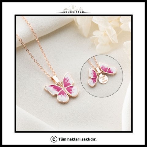 Kişiye Özel İsimli Açılabilen Pembe Renkli Kelebek Kolye