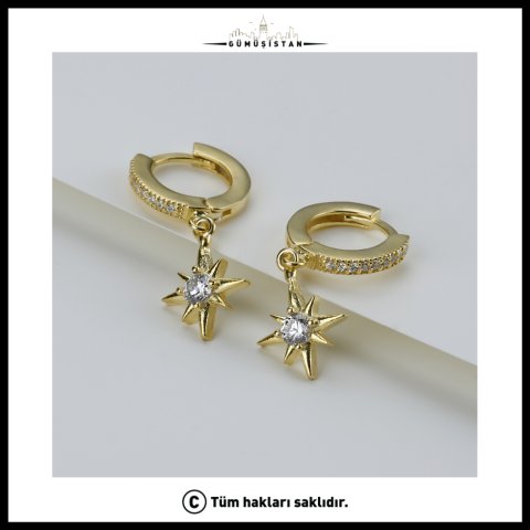 925 Ayar Gümüş Kutup Yıldızı Küpe – Zirkon Taşlı Sallantılı Yıldız Küpe