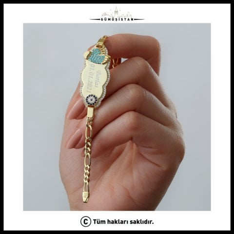 Kişiye Özel İsim ve Tarihli 925 Ayar Gümüş Çocuk Bilekliği – Nazar Boncuklu Bebek Bilekliği