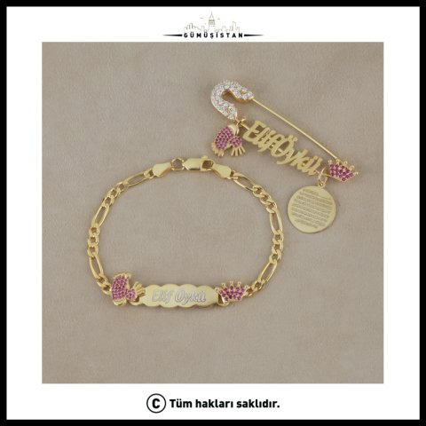 Kişiye Özel İsimli Bebek Nazar İğnesi ve Bileklik Seti – 925 Ayar Gümüş Pembe Taşlı Kız Bebek Takı Seti