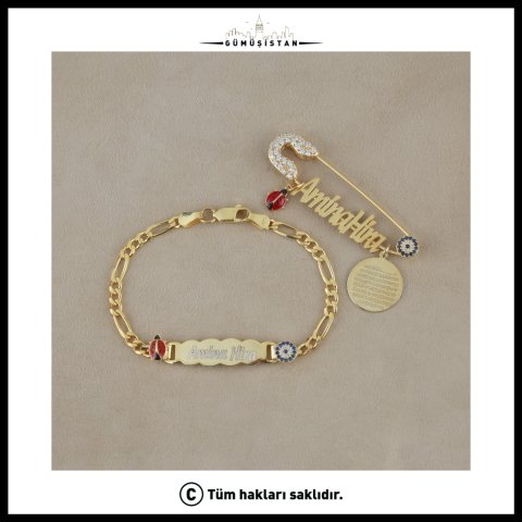 Kişiye Özel İsimli Bebek Nazar İğnesi ve Bileklik Seti – 925 Ayar Gümüş Uğur Böcekli Bebek Takı Seti
