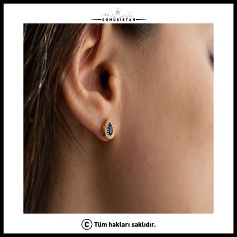 925 Ayar Gümüş Eylül Ayı Doğum Taşı ( Sapphire ) Kolye - Küpe Seti