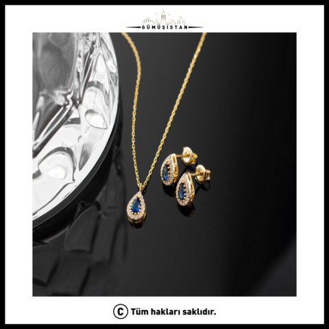 Eylül Ayı Doğum Taşı Takı Seti – 925 Ayar Gümüş Safir Rengi Kolye ve Küpe
