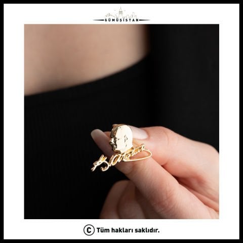 14 Ayar Altın Kaplama Ahşap Kutulu Atatürk İmzalı Özel Tasarım Broş