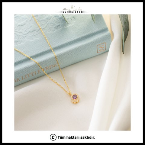 Şubat Ayı Doğum Taşı Kolye – Ametist Taşlı Gold Kolye | Şubat Doğum Günü Hediyesi