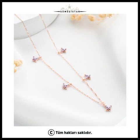 925 Ayar Gümüş Dört Yapraklı Mor Çiçek Kolye