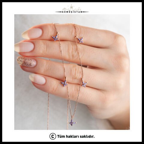 925 Ayar Gümüş Dört Yapraklı Mor Çiçek Kolye