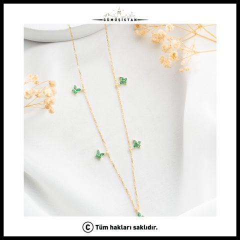 925 Ayar Gümüş Yeşil Taşlı Yonca Kolye