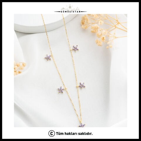 925 Ayar Gümüş Mor Taşlı Çiçek Kolye