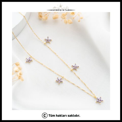 925 Ayar Gümüş Mor Taşlı Çiçek Kolye