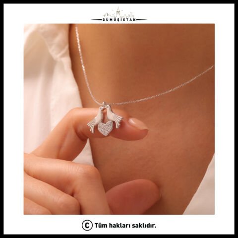 925 Ayar Gümüş Aşk Kuşları Kalp Kolye – Taşlı Çift Kuş Sevgi Kolyesi