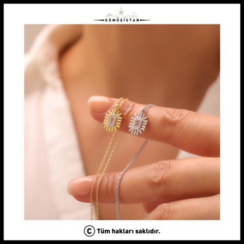 925 Ayar Baget Kare Taşlı Kolye