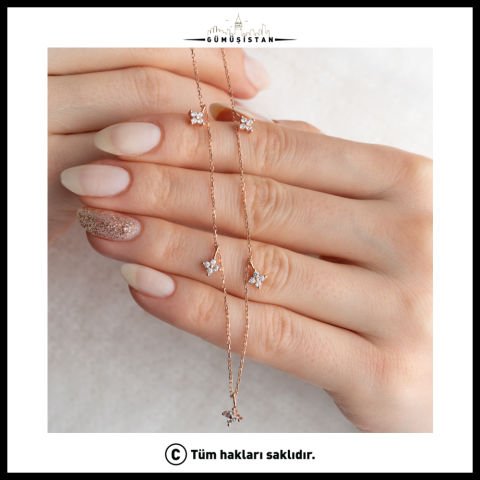 925 Ayar Gümüş Beyaz Taş Detaylı Dört Yaprak Kolye