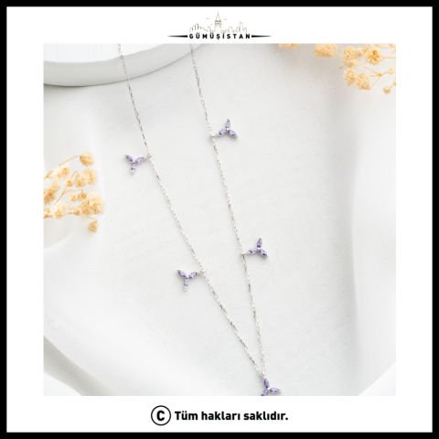 925 Ayar Gümüş Mor Taşlı Üç Yapraklı Kolye