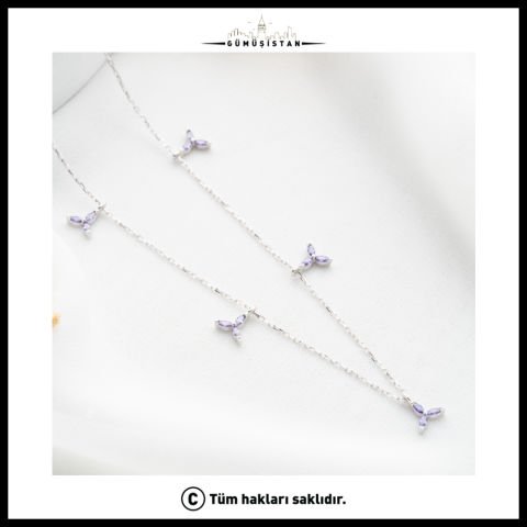 925 Ayar Gümüş Mor Taşlı Üç Yapraklı Kolye