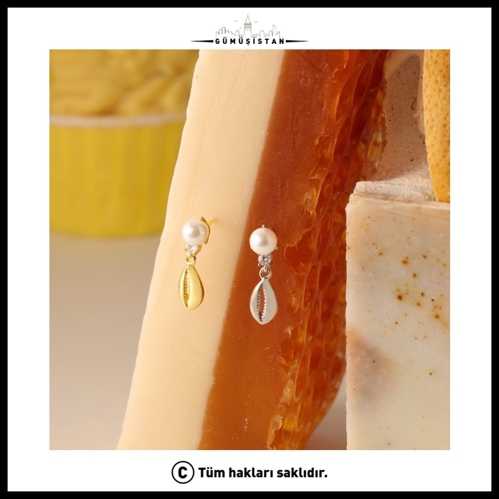 925 Gümüş Ayar İncili Deniz Kabuğu Küpe