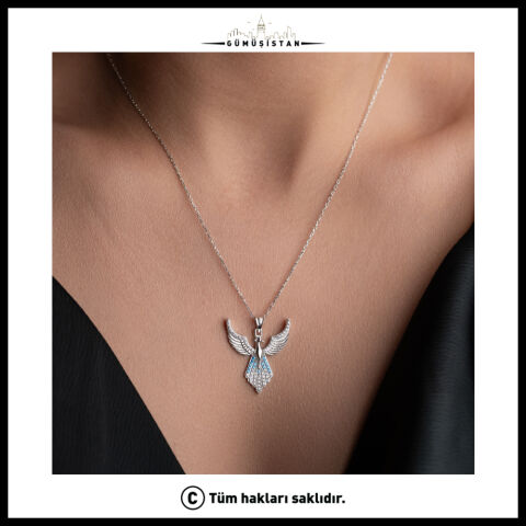 925 Ayar Gümüş Melek Kolye – Zirkon Taşlı Kanatlı Melek Figürlü Kadın Kolyesi