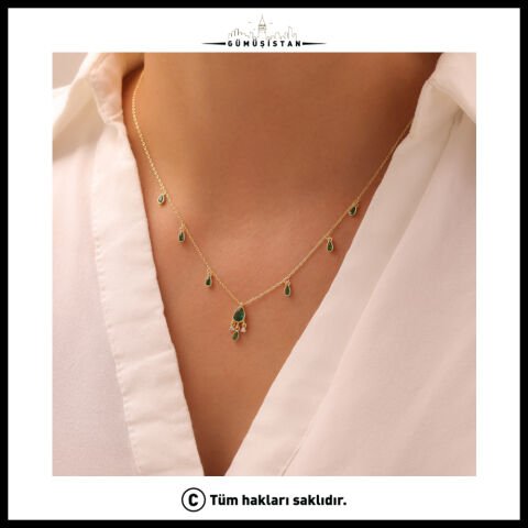 925 Ayar Gümüş Zümrüt Taşlı Salaş Kolye