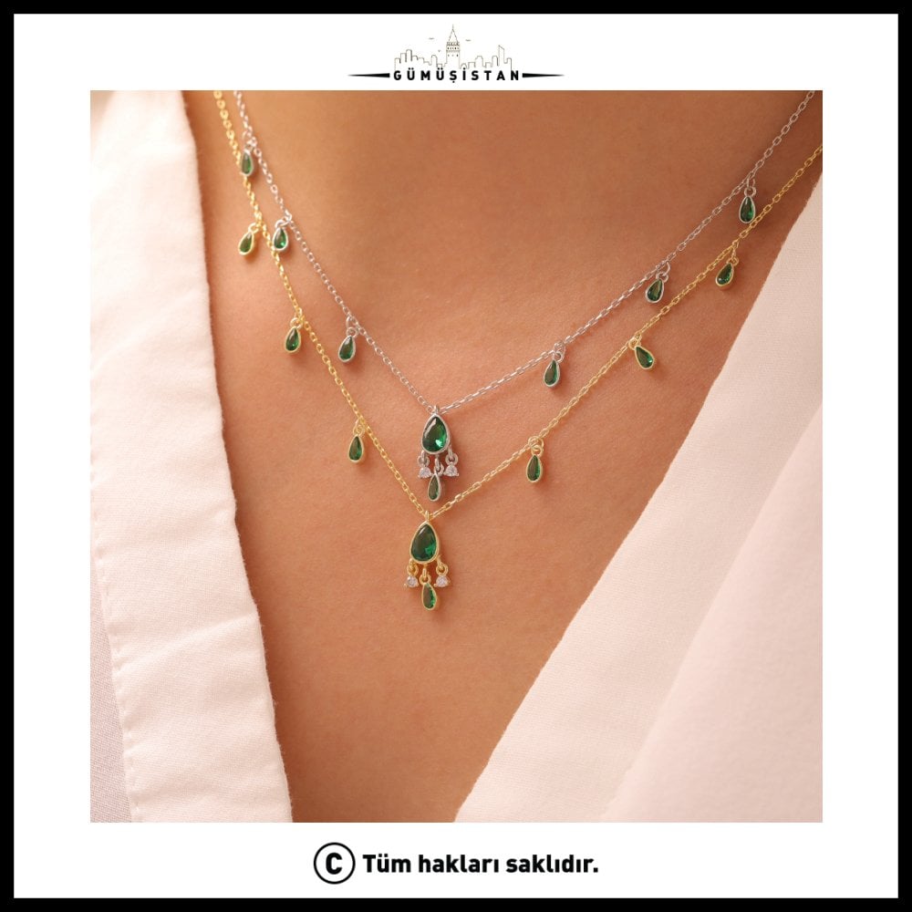 925 Ayar Gümüş Zümrüt Taşlı Salaş Kolye