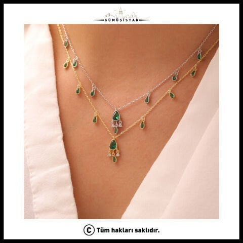 925 Ayar Gümüş Zümrüt Taşlı Salaş Kolye