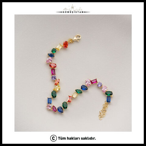 925 Ayar Gümüş Renkli Taşlı Su Yolu Bileklik – Multicolor Zirkon Kadın Bilekliği