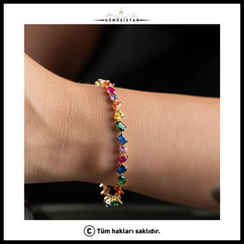 925 Ayar Gümüş Renkli Taşlı Su Yolu Bileklik – Multicolor Zirkon Kadın Bilekliği
