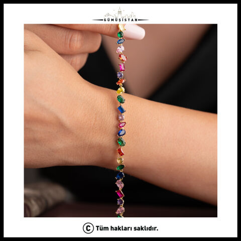 925 Ayar Gümüş Renkli Taşlı Su Yolu Bileklik – Multicolor Zirkon Kadın Bilekliği