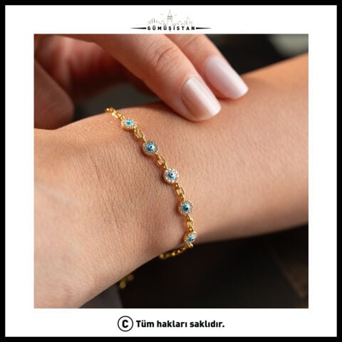 925 Ayar Gümüş Zirkon Taşlı 5’li Nazar Boncuklu Gold Zincir Kadın Bilekli