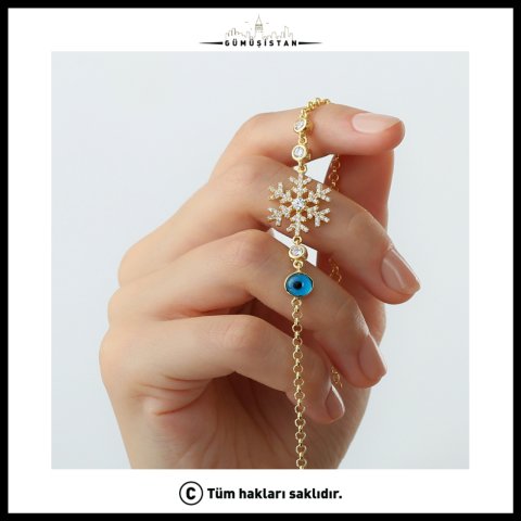 Kar Tanesi ve Nazar Boncuklu Bileklik – Zirkon Taşlı 925 Ayar Gümüş Kadın Bileklik