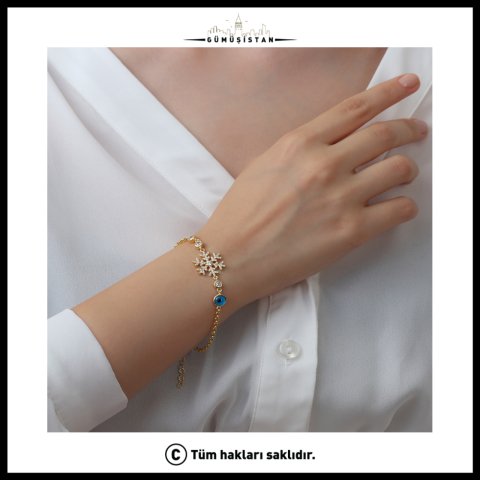 Kar Tanesi ve Nazar Boncuklu Bileklik – Zirkon Taşlı 925 Ayar Gümüş Kadın Bileklik