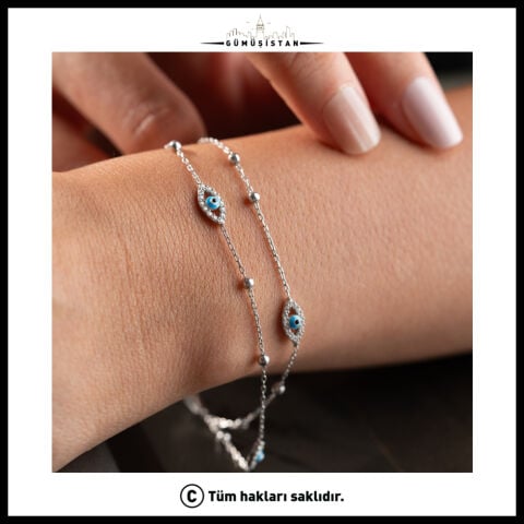 925 Ayar Gümüş Zirkon Taşlı Göz Nazar Boncuklu Çift Zincir Kadın Bileklik