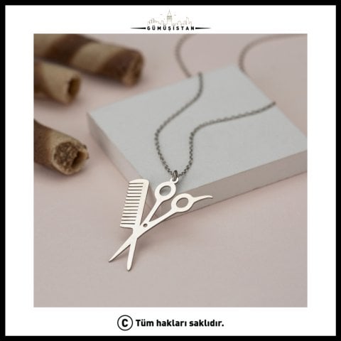 925 Ayar Gümüş Makas Tarak Kolye – Kuaför ve Berber Meslek Kolyesi