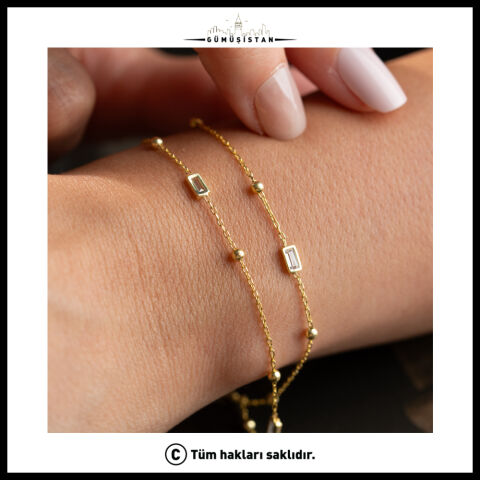 925 Ayar Gümüş Gold Kaplama Baget Zirkon Taşlı Çift Zincir Kadın Bileklik