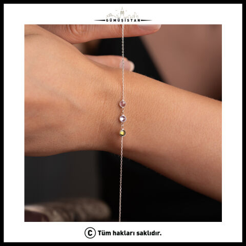 925 Ayar Gümüş Üç Renk Taşlı Minimal Kadın Bileklik