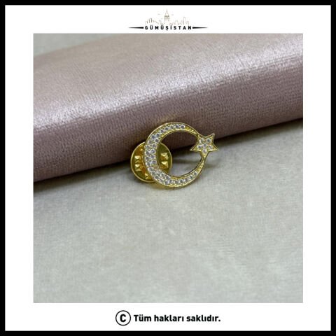 925 Ayar Gümüş Zirkon Taş Detaylı Ay Yıldız Yaka Broşu