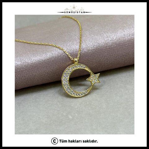 925 Ayar Gümüş Zirkon Taş Detaylı Ay Yıldız Kolye+Rozet Set