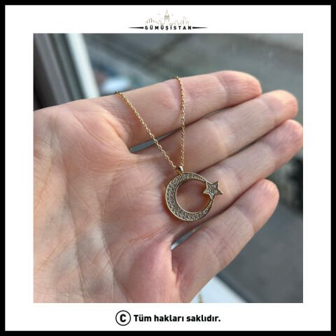 925 Ayar Gümüş Zirkon Taş Detaylı Ay Yıldız Kolye+Rozet Set